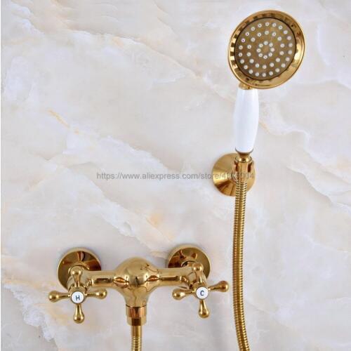 Golden Bathroom Shower Faucet Mixer Tap With Hand Held Shower Head Set Double Handles Wall Mounted Bathroom Faucet Nna970