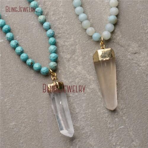 Boho Jewelry Long Stone Beads Necklace Clear Quartz Point Pendant Necklace NM22310