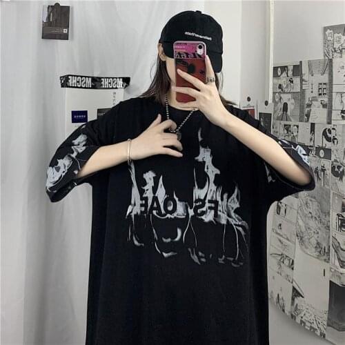 Short sleeve T-shirt womens summer Harajuku retro flame printed loose bottoming top