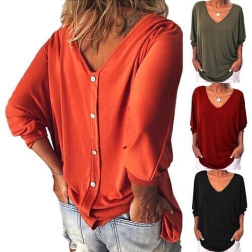 Women T-Shirt V-Neck Loose Long Sleeve Button Solid Color Casual Fashion Plus Size Tunic Elegant Ladies Female Clothing