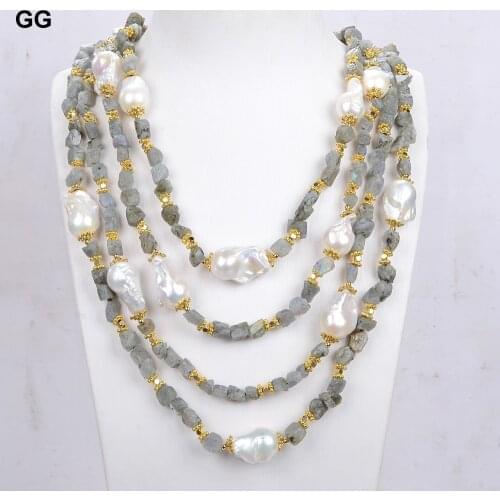 GG Jewelry 20" 4Rows Natural White Keshi Pearl Labradorites Gems Necklace For Women Lady Jewelry Gift