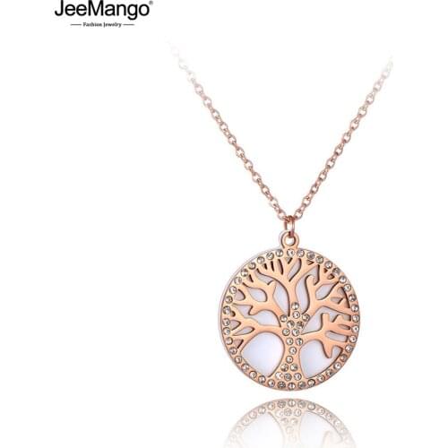 JeeMango Bohemia Stainless Steel Plant Tree Disc CZ Crystal & Shell Pendant Necklace For Women Fashion Sweater Chian 28" JN19166
