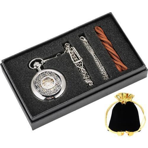 Pocket Watch Slim Chain Gifts Box Set For Men Women Hollow Out Black Dial Durable Silver Case Necklace Pendant Pocket Watch
