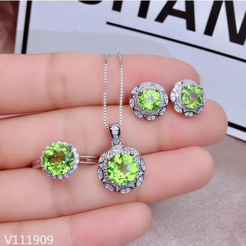 KJJEAXCMY boutique jewelry 925 sterling silver inlaid Natural Peridot Necklace Ring Earring Suit Support Detection