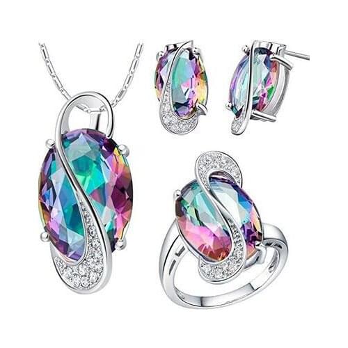 Silver plated mix colorful necklace earrings Ring wedding crystal sieraden women fashion jewellery set