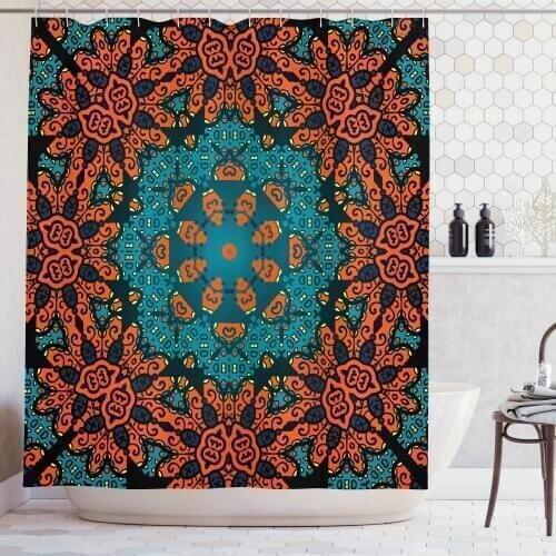 Round Flowers Floral Patterns with Psychedelic Motif Boho Hippie Style Bathroom Decor Teal Orange