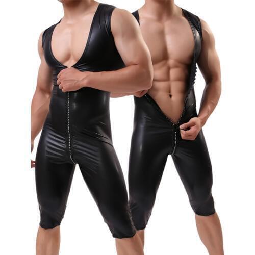 Cool Men Bodysuit Sexy Elastic Lingerie Faux Leather Zipper Teddies Open Crotch Underwear Nightclub Costume Sleeveless Leotard