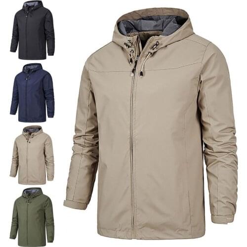 Plus Size Fashion New Windproof Hooded Men Jacket Long Sleeve Solid Color Zipper Closure Youth Trim Casual Coat Outerwear 2021