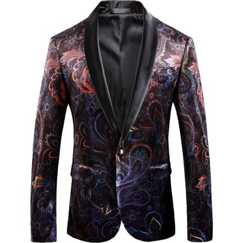 Quality Gold Velvet fabric Mens Suit Jacket fashion designer floral print blazer mens business banquet prom formal Blazer S-5XL