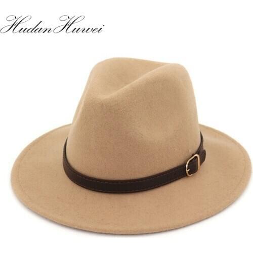 100% Wool Unisex Men Women Solid Color Fedora Hats with Belt Buckle Wide Brim Jazz Trilby Hat Women Dresses Chapeau Church Hats