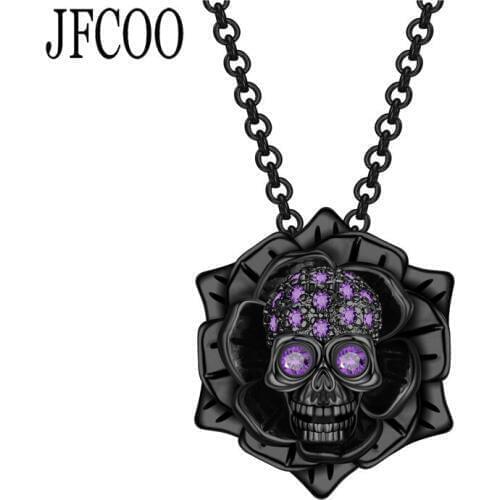 Punk Skull Rose Zircon Crystals Pendant Necklace Black Necklaces Birthday Wedding Gift Jewelry