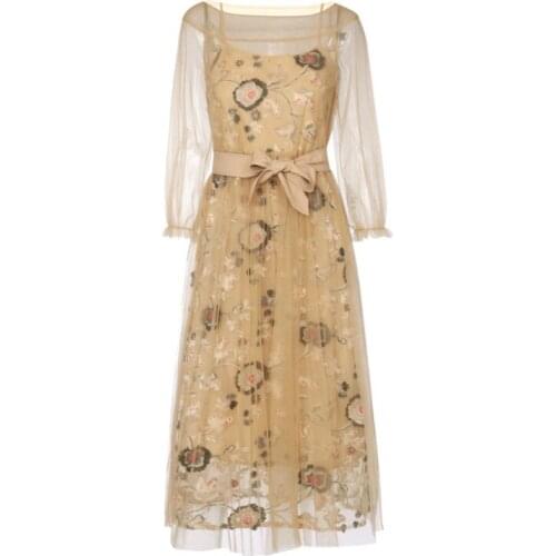 PERHAPS U Yellow Mesh Dress Midi Dress Ball Gown Long Sleeve Women Elegant Floral D1224