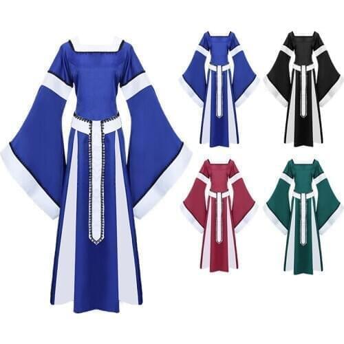 Holiday Women Medieval Clothing Long Sleeve Dress Long sleeved Horn sleeve Halloween Costume Princess Dress Porm Long Dress