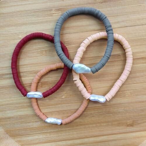 Irregular freshwater pearl soft ceramic bracelet handmade ethnic style fashion elastic bangle for women colored silicone Jewelry