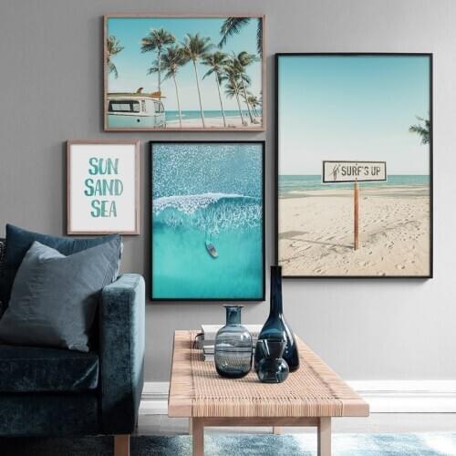 Scandinavian Tropical Sea Poster Palm Tree Bus Wall Art Canvas Painting Nordic Poster Prints Pictures For Living Room Home Decor