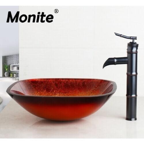 Black Bathroom Sink Washbasin Bath Set Faucet Mixer Taps Square Gold Tempered Glass Oil Rubbed Bronze Bathroom Basin Tap Set