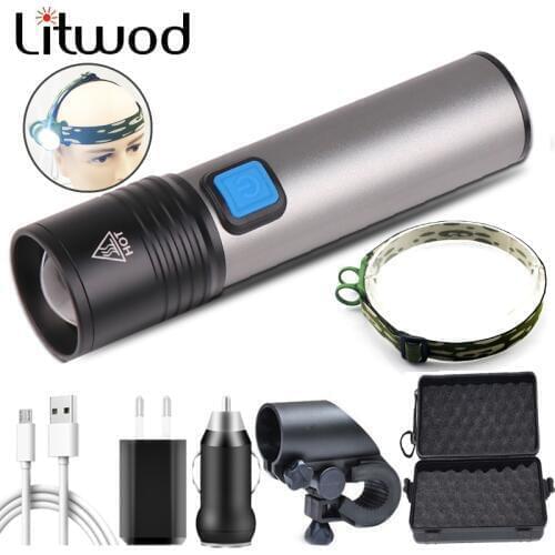 XM-L T6 USB Rechargeable LED Flashlight Camping Light Zoomable Torch Lithium Battery Waterproof with Built-in 1200mah LED Bulbs