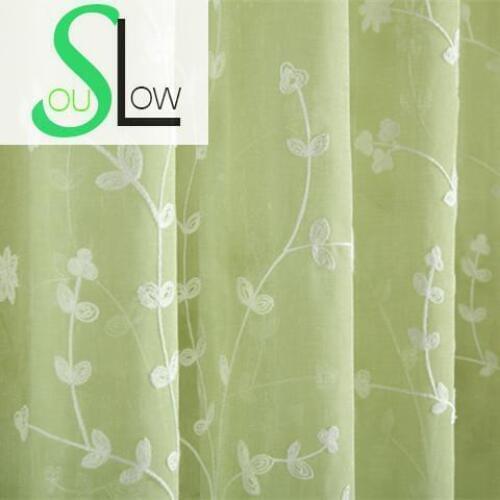 Slow Soul Green Pink Blue Yellow Grass Flower Embroidered Curtain Leaves Curtains Tulle For Living Room Kitchen Bedroom Sheer