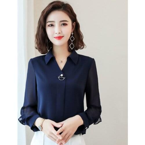 Womens Spring Autumn Style Chiffon Blouse Shirt Solid Color Turn-Down Collar Long Sleeve Button Loose Casual Tops SP983
