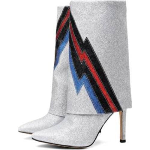 New fashion silver leather pointed toe high heel high boots Metal powder colorful lightning Sequin woman boots real photos