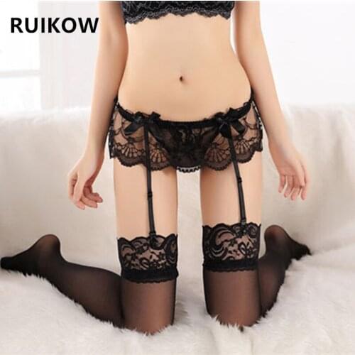 Woman Sexy Lace Bow Stockings Suspenders Thigh Stitching Long Socks +Garter Belt Hollow Out Over Knee Stockings for Hot Female