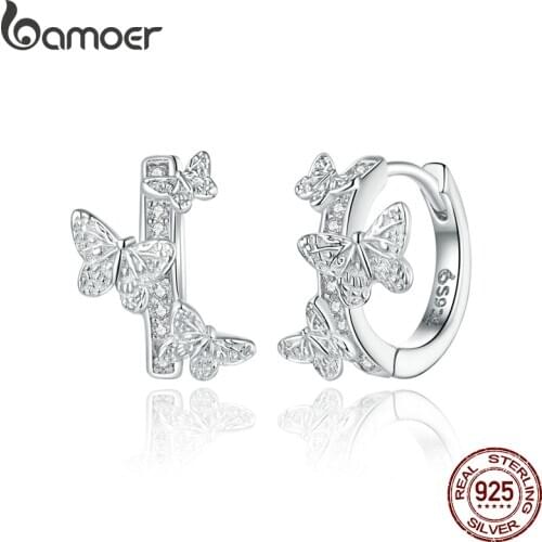 Bamoer Silver 925 Flying Butterflies Stud Earrings for Women Dazzling CZ Statement Hypoallergenic Jewelry Gifts for Kids BSE445