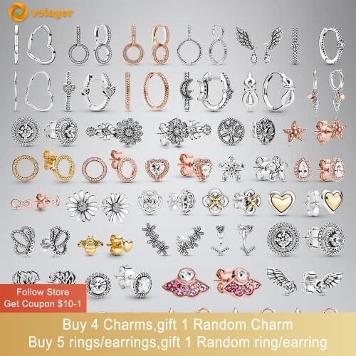 Volayer 925 Sterling Silver Fan Stud Family Tree Angel Wing Daisy Flower Heart Snowflake Helm & Anchor Earrings Women Earrings