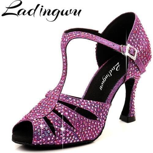 Ladingwu Ladies Latin Dance Shoes Indoor Sport Multicolor Rhineston Latino Dancing Shoes for Children Glitter Salsa Dance Shoes
