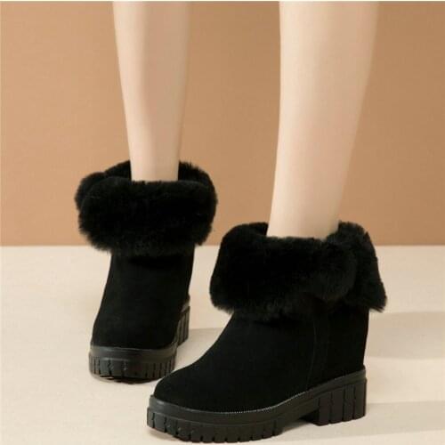 Winter Creepers Women Genuine Leather Cuban High Heels Platform Pumps Shoe Female Slip On High Top Round Toe Warm Fur Snow Boots
