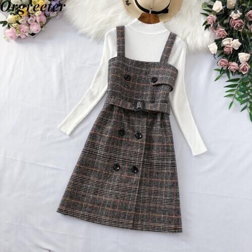 Autumn Winter New Long Sleeves Knitted Pullover Tops + Tweed Blend Plaid Short Dress 2 Piece sets Women Outfits With Belt