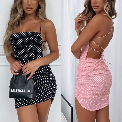 2021 New Women’s Sexy Suspender Dress Fashion Polka Dot Backless Bandage Irregular Tight Short Dress