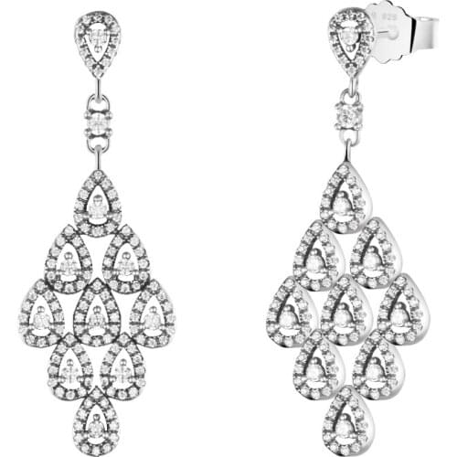 100% 925 Sterling-Silver-Jewelry Cascading Glamour Earring with Clear CZ Free Shipping