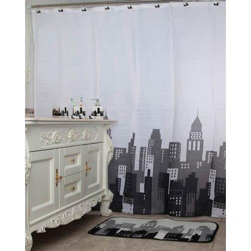 14 pcs Black White Bathroom Shower Curtain With Hand-Painted Hooks and Door Mat