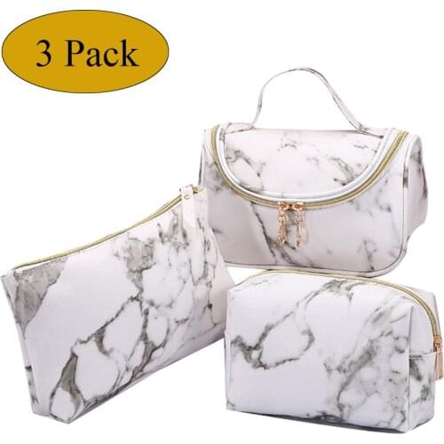3Pcs Marble Cosmetic Bag Ladies Zipper Handbag Storage Wash Bag Travel Beauty Makeup Tool Bag
