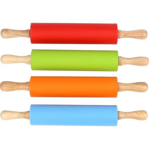 Non-Stick Fondant Cake Dough Roller Silicone Cookies Biscuit Embossing Rolling Pin Pastry Tools With Wooden Handle Gadgets