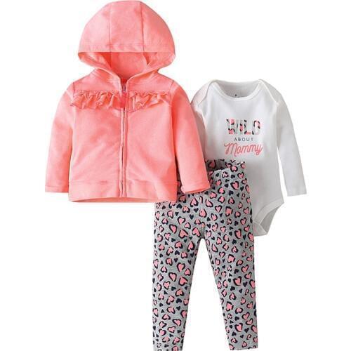 Cartered toddler Baby Girl Bodysuit Set 3pcs Hooded Long Sleeve Outwear+Long Sleeve Bodysuit+Pants Cotton Baby Clothes Set