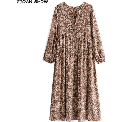 Bohemia Bandage Lacing up Collar Contrast color Leopard Print Dress BOHO Woman Long Sleeve Maxi Long Holiday Dresses Beach