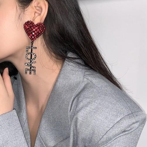 TIMRONLY Exaggerated Full Crystal Big Heart Earring Asymmetry Black White LOVE YOU Drop Earrings for Women Female Sweet Jewelry