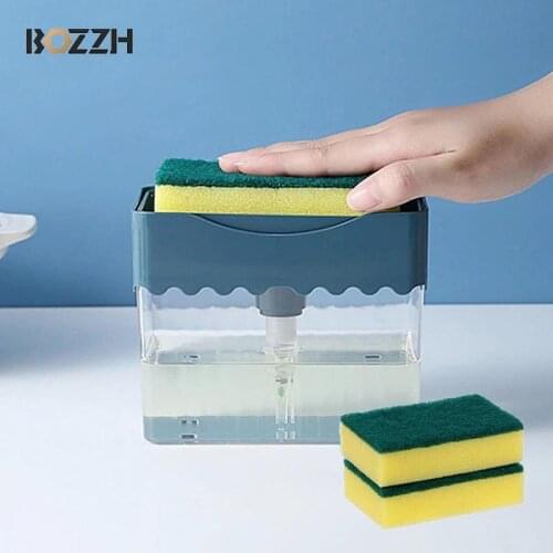 BOZZH 2 in 1 Scrubbing Liquid Detergent Dispenser Press-type Liquid Soap Box Pump Organizer with Sponge Kitchen Tool Supplies