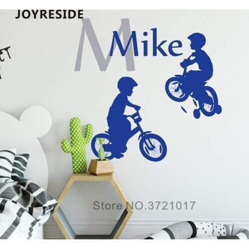 JOYRESIDE Bicycle Kids Custom Name Wall Decals Home Baby Boy Room Wall Decoration Personalized Names Wall Stickers Vinyl WM463