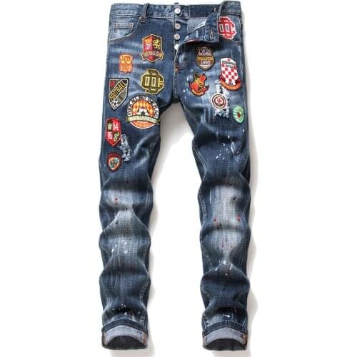 New Jeans Mens Bottom Denim Pants Blue Embroidery Label Paint Ripped Holes Wild Maple Leaf Icon Personality
