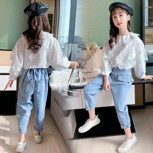 Boutique Kids Clothing 2 Piece Sets for Girls Solid White Blouse with Jeans Girl Clothes Sets Age 6 8 10 12 Year Outfits Sets
