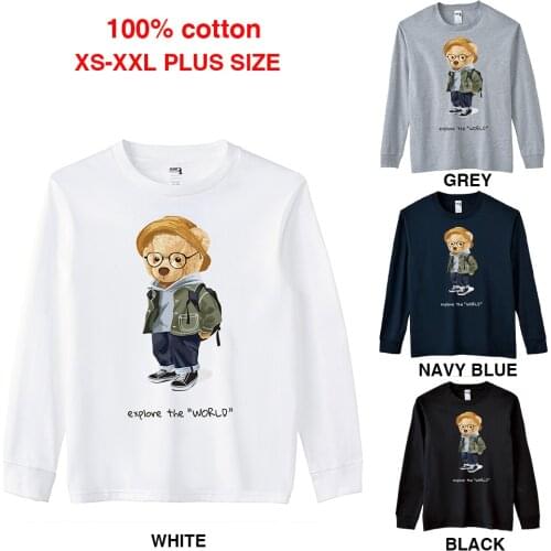 BLINGPAW Spring/Autumn Teddy Bear explore the world Graphics Unisex Long Sleeve T-Shirt O-Neck Tops Casual 100% Cotton