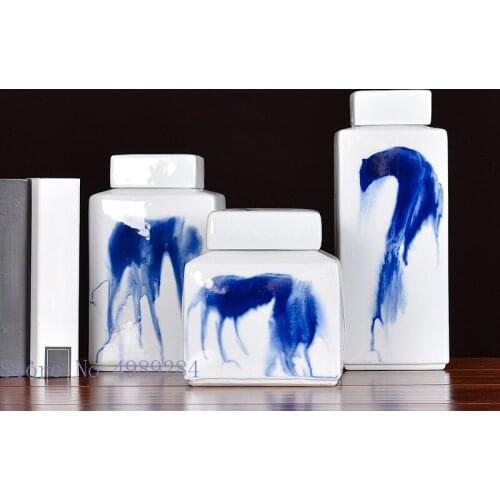 Ceramic Storage Tank Ink Painting Horse Head Abstract Animal Doodle Flower Vase with Cover Desktop Organization Home Decoration
