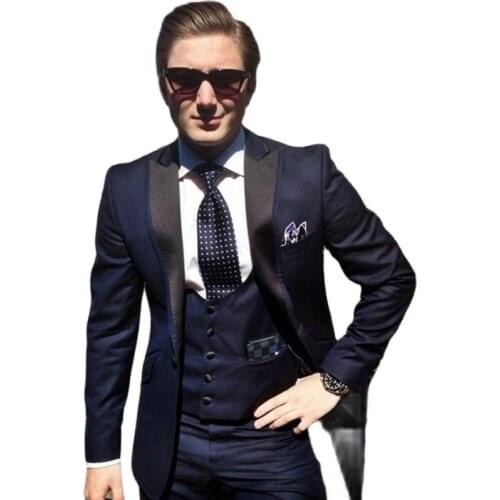Handsome Navy Mens Toast Suits Evening Dress Customize Slim Fits Groom Tuxedos Prom Party Clothes (Jacket+Pants+Vest+Tie) W:133