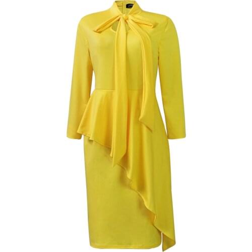 Red Ruffled Long Sleeve Bow Plus Size Dress For Women Sexy Solid Party Robe Lady Office Elegant Casual Work Midi Dress 2021