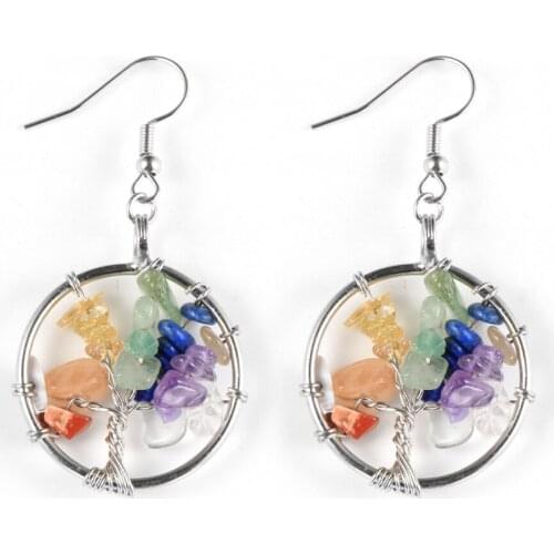 Round Circle Tree Of Life Pendant Drop Earrings For Women 7 Chakra Colorful Chip Gravel Ear Cuff Piercing Dangle Earring Gift