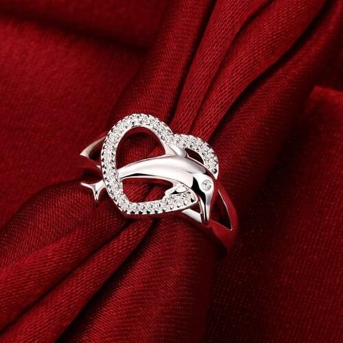 Hot new 100% 925 Sterling Silver Rings For Women Love dolphins heart Fashion Party Gifts Girl student Charm wedding fineJewelry