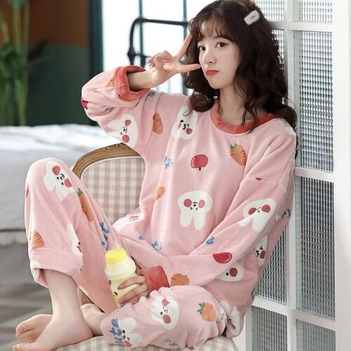 Cartoon Cute Pyjamas Thick Warm Flannel Sleepwear Womens Long Sleeve Pajamas Set Autumn Winter Girls Home Suit Lounge Wear Pjs