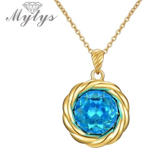 Mytys Gold Cable Design Advanced Cutting Round Blue Crystal Pendant Necklace for Women Wedding Cocktail Party Jewelry CN558